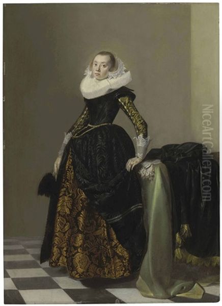 Portrait Of A Richly Dressed Young Lady, Full-length, Before A Draped Table Oil Painting by Pieter Jacobs Codde