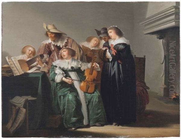 An Elegant Company Making Music Oil Painting by Pieter Jacobs Codde