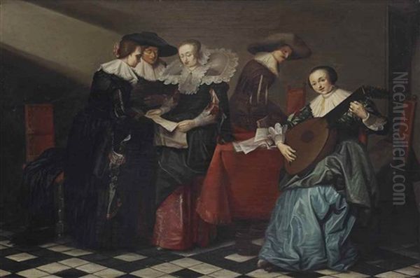 An Interior With An Elegant Company Making Music And Singing Oil Painting by Pieter Jacobs Codde