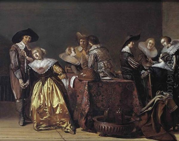 A Merry Company Conversing In An Interior, A Lute, A Flute And Books On A Draped Table Oil Painting by Pieter Jacobs Codde