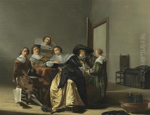 An Interior With Figures Around A Table Oil Painting by Pieter Jacobs Codde