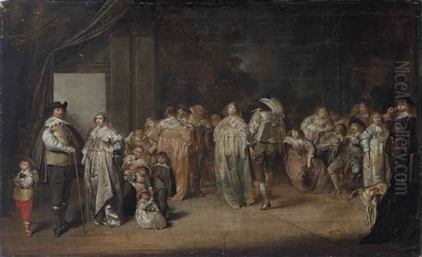 A Group Portrait Of An Elegant Family And A Company Dancing, Conversing And Making Music In An Interior Oil Painting by Pieter Jacobs Codde