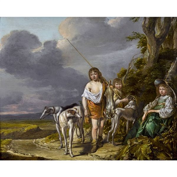 Landschaft Mit Jugendlichen Jagern Und Hunden Oil Painting by Pieter Jacobs Codde