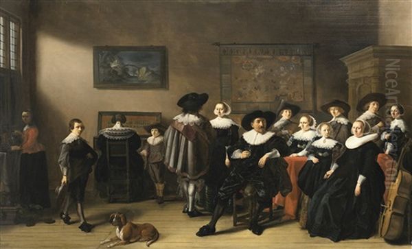 Family Portrait With Husband, Wife And Two Daughters Seated At A Table Draped In Red Cloth, A Son Playing A Lute, Another Son Holding A Fiddle Beside A Lady Playing The Virginal, A Maidservant Pouring Wine By The Window, And A Dog Resting On The Floor Oil Painting by Pieter Jacobs Codde