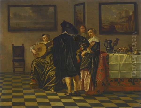 Interior Scene With A Seated Lady Playing The Lute, Two Finely-dressed Gentleman, And Another Lady Leaning Against A Table Draped With A Persian Rug And White Linen, Upon Which Stand A Pewter Jug, An Unfinished Pie And A Peeled Lemon Oil Painting by Pieter Jacobs Codde