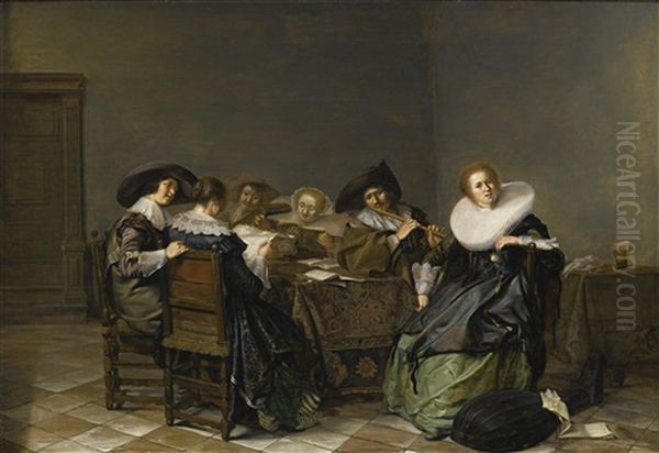 An Interior With Musicians Seated Around A Table Oil Painting by Pieter Jacobs Codde