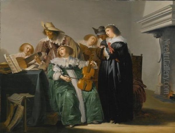 Elegant Company Making Music Oil Painting by Pieter Jacobs Codde