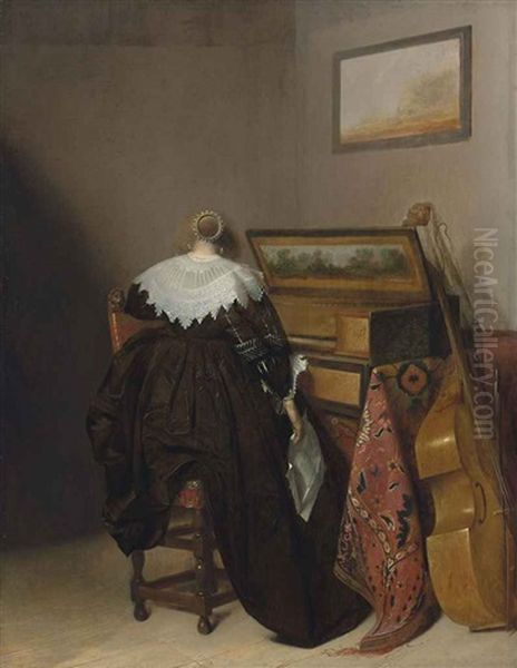 A Lady Seated At A Virginal Holding A Letter Oil Painting by Pieter Jacobs Codde