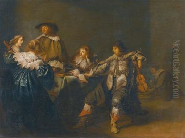 An Elegant Company Making Music In An Interior Oil Painting by Pieter Jacobs Codde