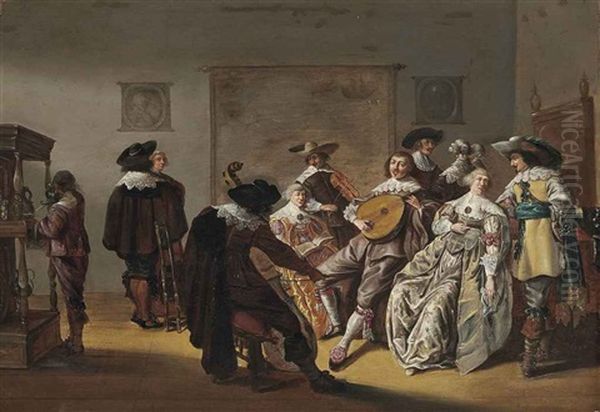 Elegant Company Making Music In An Interior Oil Painting by Pieter Jacobs Codde