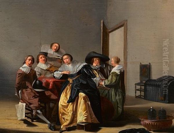 An Interior With Figures Around A Table Oil Painting by Pieter Jacobs Codde