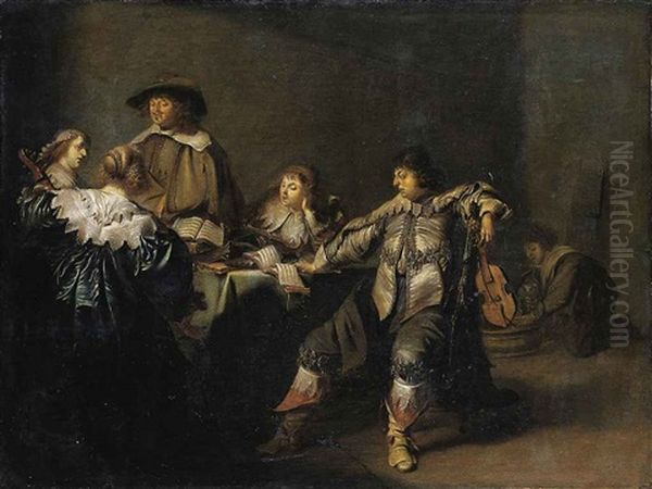 An Elegant Company Making Music In An Interior Oil Painting by Pieter Jacobs Codde