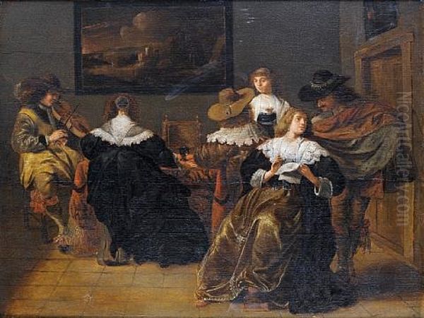 An Elegant Company Drinking And Making Music Oil Painting by Pieter Jacobs Codde