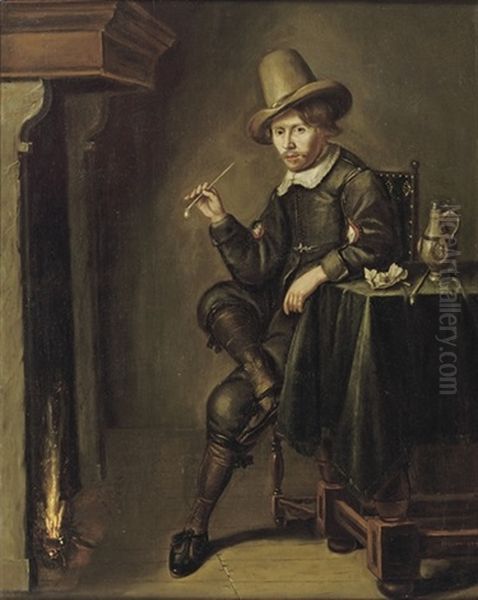 A Young Man Smoking A Pipe Near A Fireplace Oil Painting by Pieter Jacobs Codde