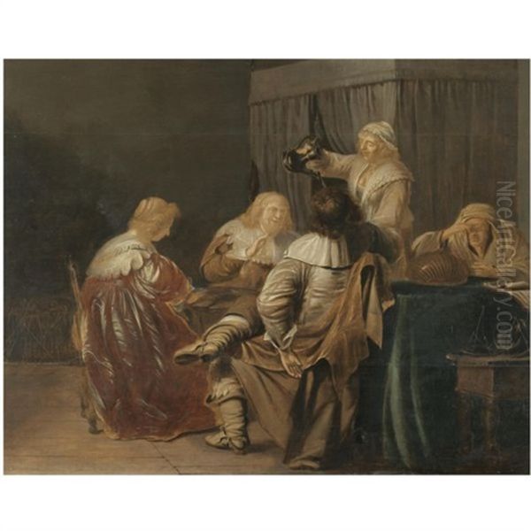 A Brothel Scene With Elegant Figures At A Table, A Maid Pouring Drinks And An Elderly Lady Counting Money Oil Painting by Pieter Jacobs Codde