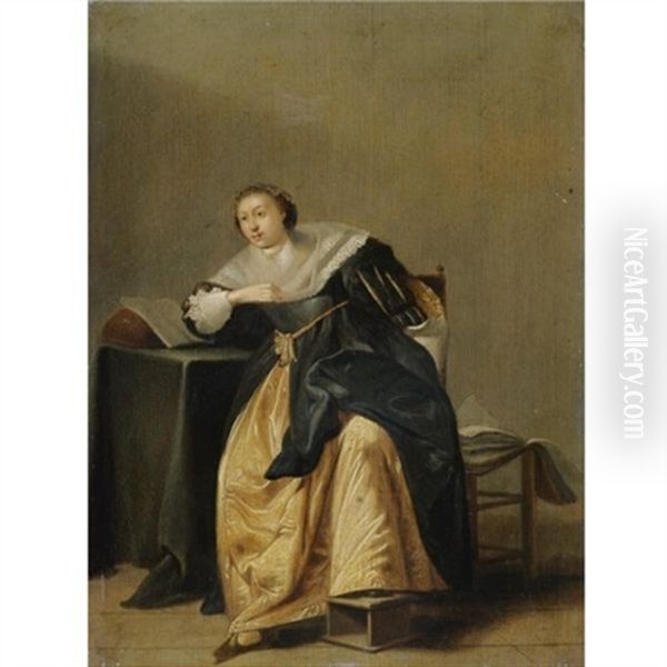 An Interior With An Elegantly Dressed Lady Seated At A Table Oil Painting by Pieter Jacobs Codde