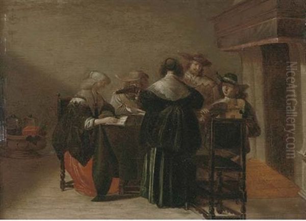 Elegant Company Making Music In An Interior Oil Painting by Pieter Jacobs Codde