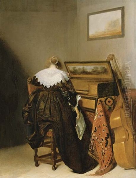 A Lady Seated At A Virginal Holding A Letter Oil Painting by Pieter Jacobs Codde