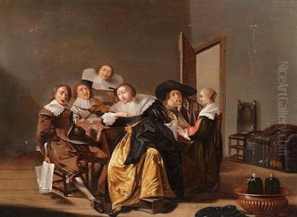 An Elegant Company Making Music In An Interior Oil Painting by Pieter Jacobs Codde