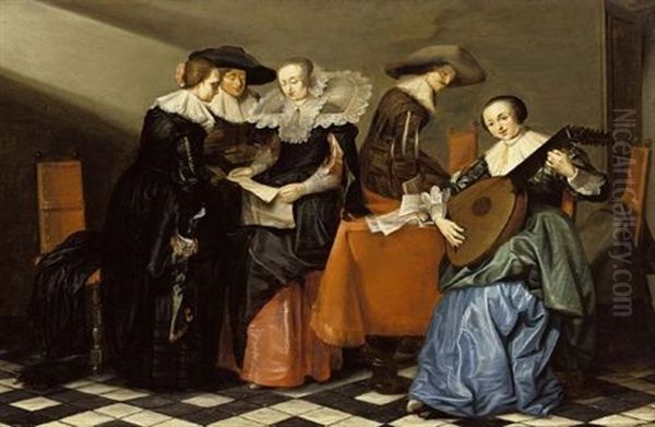 An Interior With A Lady Playing A Lute And Elegant Figures Singing Around A Table Oil Painting by Pieter Jacobs Codde