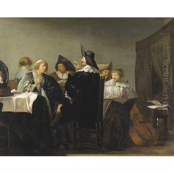 Elegant Figures In An Interior Oil Painting by Pieter Jacobs Codde