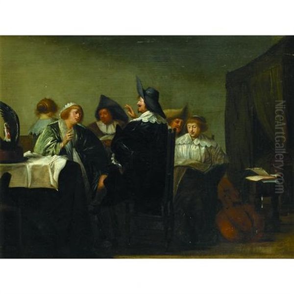 An Interior Scene With Figures Gathered Around A Table Oil Painting by Pieter Jacobs Codde