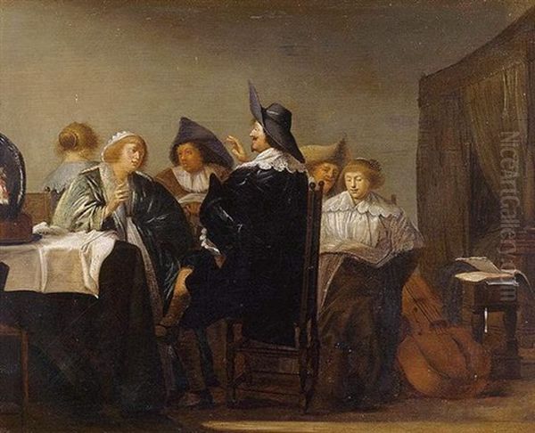 Elegant Figures In An Interior Oil Painting by Pieter Jacobs Codde