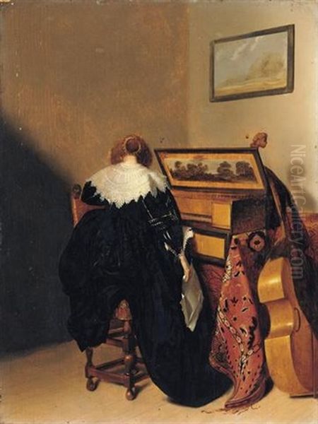 An Interior With A Lady Seated At Virginals, Seen From Behind, A Viola Da Gamba Resting Beside Her Oil Painting by Pieter Jacobs Codde