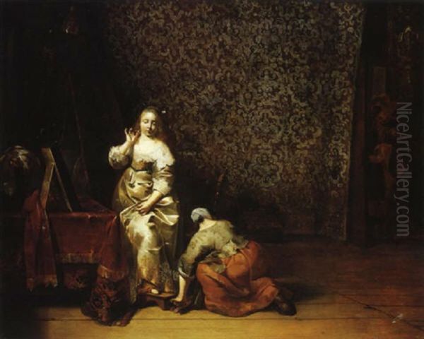 Une Dame Et Sa Servante Dans Un Interieur Hollandais Oil Painting by Pieter Jacobs Codde