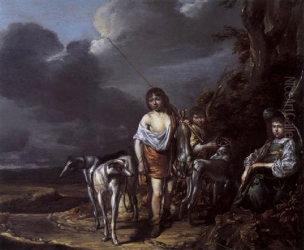 Young Huntsmen And A Shepherdess With Hounds In A Dune Landscape Oil Painting by Pieter Jacobs Codde