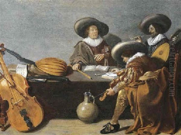 Officers Smoking And Music-making In An Interior Oil Painting by Pieter Jacobs Codde