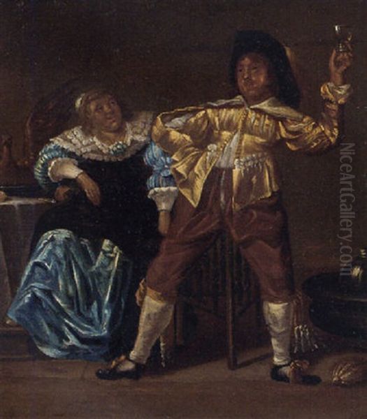 A Couple Making Merry In An Interior Oil Painting by Pieter Jacobs Codde