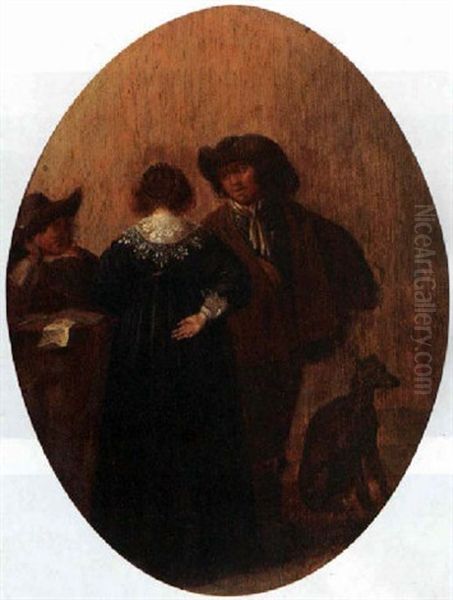 Two Men And A Lady Conversing Around A Table, With A Dog Beside Oil Painting by Pieter Jacobs Codde