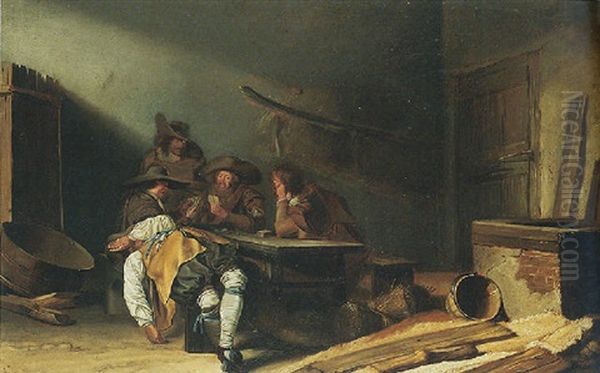 A Barn Interior With Men Playing Cards And Another Resting On A Bench Oil Painting by Pieter Jacobs Codde