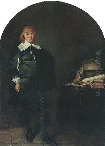 Portrait Of A Young Man Standing Next To A Table With A Globe And Manuscripts Oil Painting by Pieter Jacobs Codde