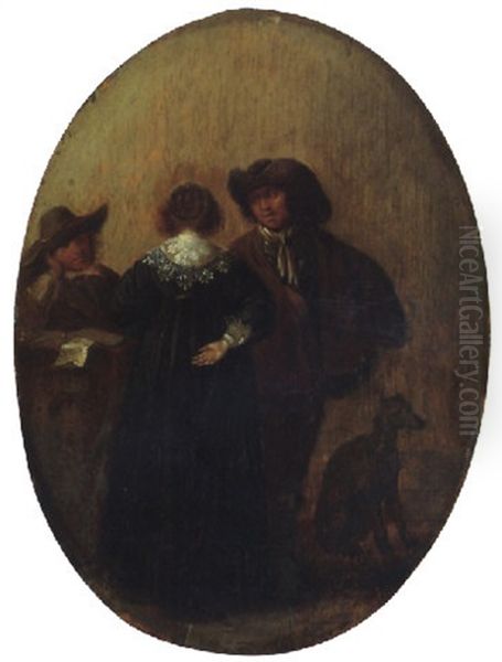 An Interior With Two Gentlemen Conversing With A Lady Oil Painting by Pieter Jacobs Codde