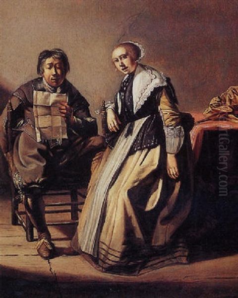 A Man And Woman Seated In An Interior, The Man Reading A Letter Oil Painting by Pieter Jacobs Codde