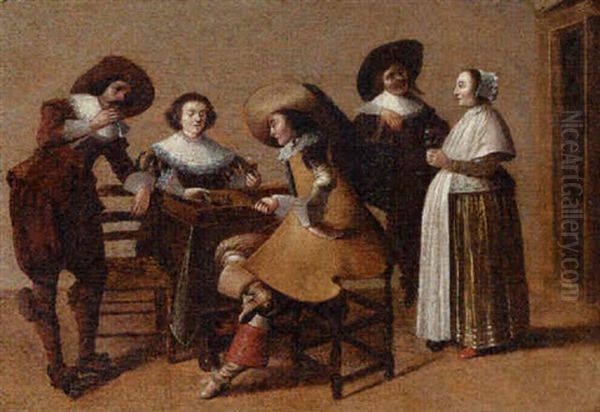 An Elegant Company Drinking And Playing Backgammon In An Interior Oil Painting by Pieter Jacobs Codde