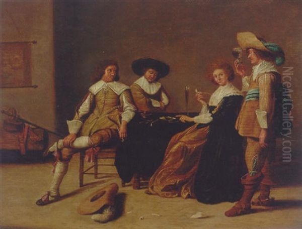 Elegant Company Smoking And Drinking In An Interior Oil Painting by Pieter Jacobs Codde