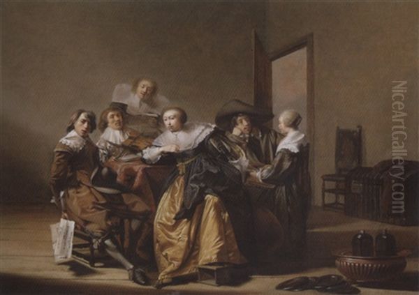 Elegant Company Making Music In An Interior Oil Painting by Pieter Jacobs Codde