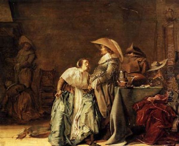 A Cortegaardje: An Interior With A Couple Conversing, The Lady Seated, The Soldier Standing By A Table Oil Painting by Pieter Jacobs Codde