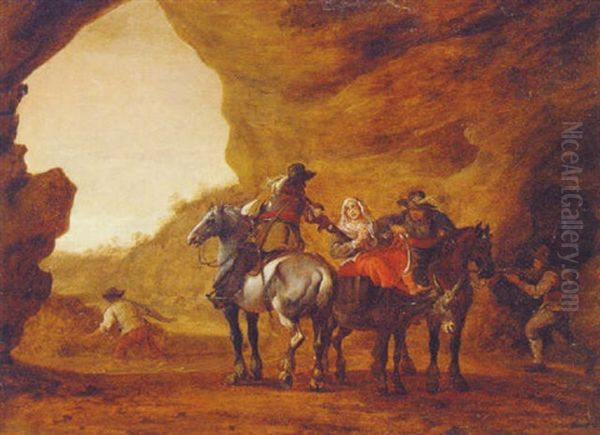 Bandits Hijacking A Couple Travelling On A Donkey Oil Painting by Pieter Jacobs Codde