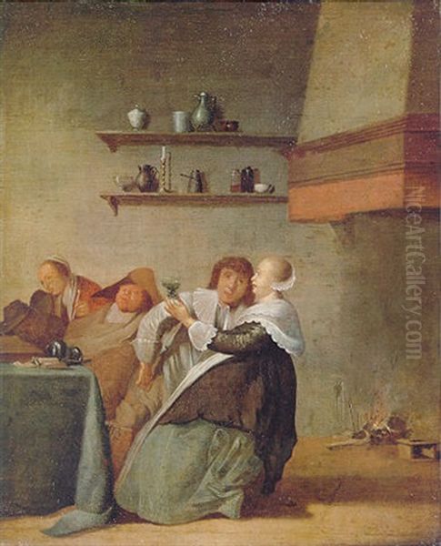 A Tavern Interior With Figures Drinking And Sleeping Around A Table Beside A Fireplace Oil Painting by Pieter Jacobs Codde