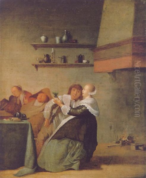 A Tavern Interor With Figures Drinking And Sleeping Around A Table Beside A Fireplace Oil Painting by Pieter Jacobs Codde