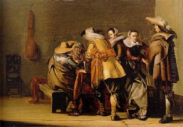 An Interior With Militiamen Playing Tric-trac Watched By Two Elegant Women Oil Painting by Pieter Jacobs Codde