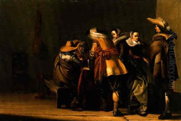 An Interior With Militiamen Playing Tric-trac Watched By Two Elegant Women Oil Painting by Pieter Jacobs Codde