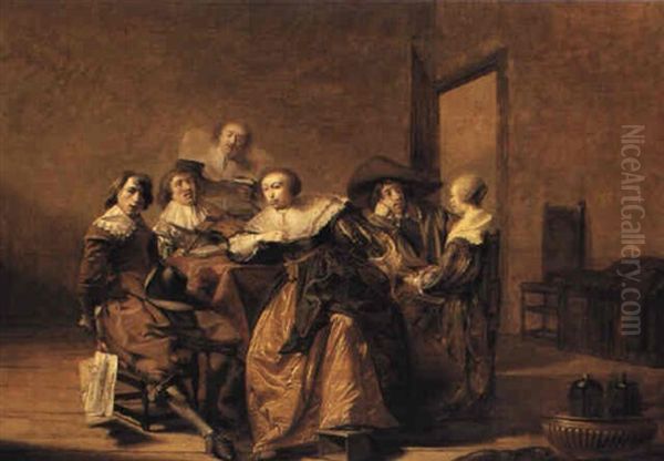 A Musical Party Seated Around A Table In An Interior Oil Painting by Pieter Jacobs Codde