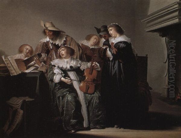 Elegant Company Making Music Oil Painting by Pieter Jacobs Codde