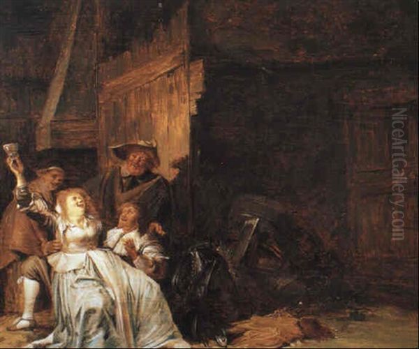 Peasant Woman Entertaining Soldiers In A Barn Oil Painting by Pieter Jacobs Codde