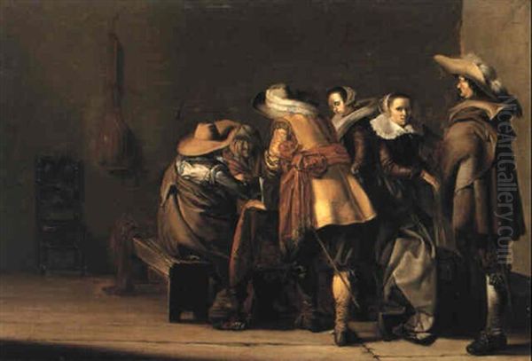 Interior With Militiamen Playing Tric-trac With Two Elegant Women Oil Painting by Pieter Jacobs Codde